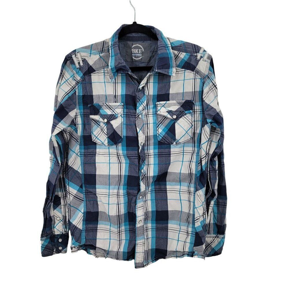 VTG‎ BKE Unisex Medium Plaid Western Shirt M Blue Pearl Snap Cotton Cowboy